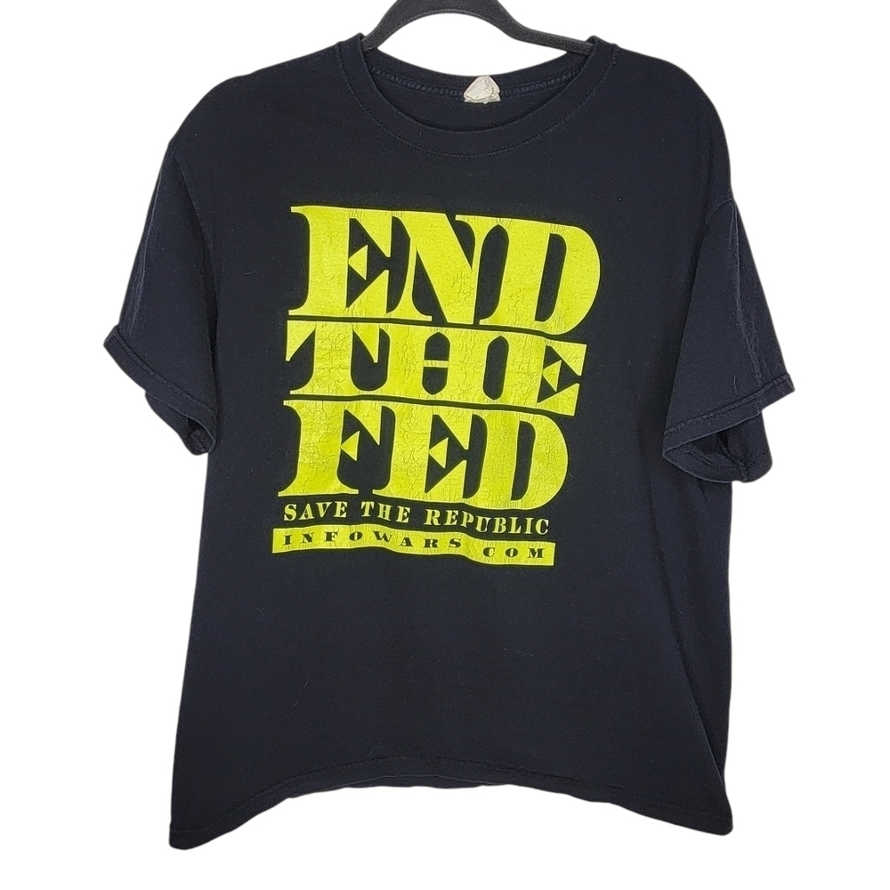 Vintage Infowars End the Fed Save the Republic T-Shirt in Black Neon Yellow Sz L